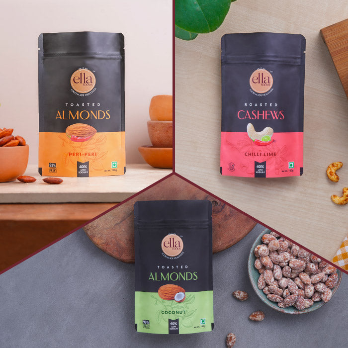 Ella Foods - Assorted Snacks Pack of 3 - Peri-Peri Almonds, Chilli Lime Cashew, Coconut Toasted Almond- Pack of 3 (100g x 3)