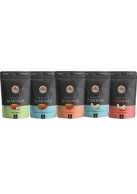 Ella Foods- Peri Peri Almonds, Chili Lime Cashews, Coconut Toasted Almonds, Salted Cashews, Roasted Salted Almonds - 30 grams Each ( Pack Of 5)