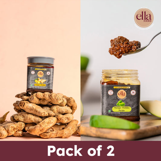 Ella Foods Ginger & Mango Pickle Combo | Low Sodium | Pack of 2 x 250g | Cold-Pressed Sesame Oil | Indian Style Pickles | Shelf Life - 12 months