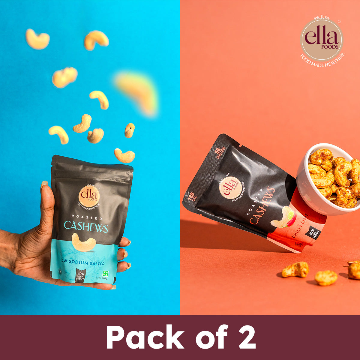 Ella Foods Salted Cashews & Chilli Lime Cashews Combo | Pack of 2 x 100g | Low Sodium | 6-Month Shelf Life | Roasted Nut Snacks