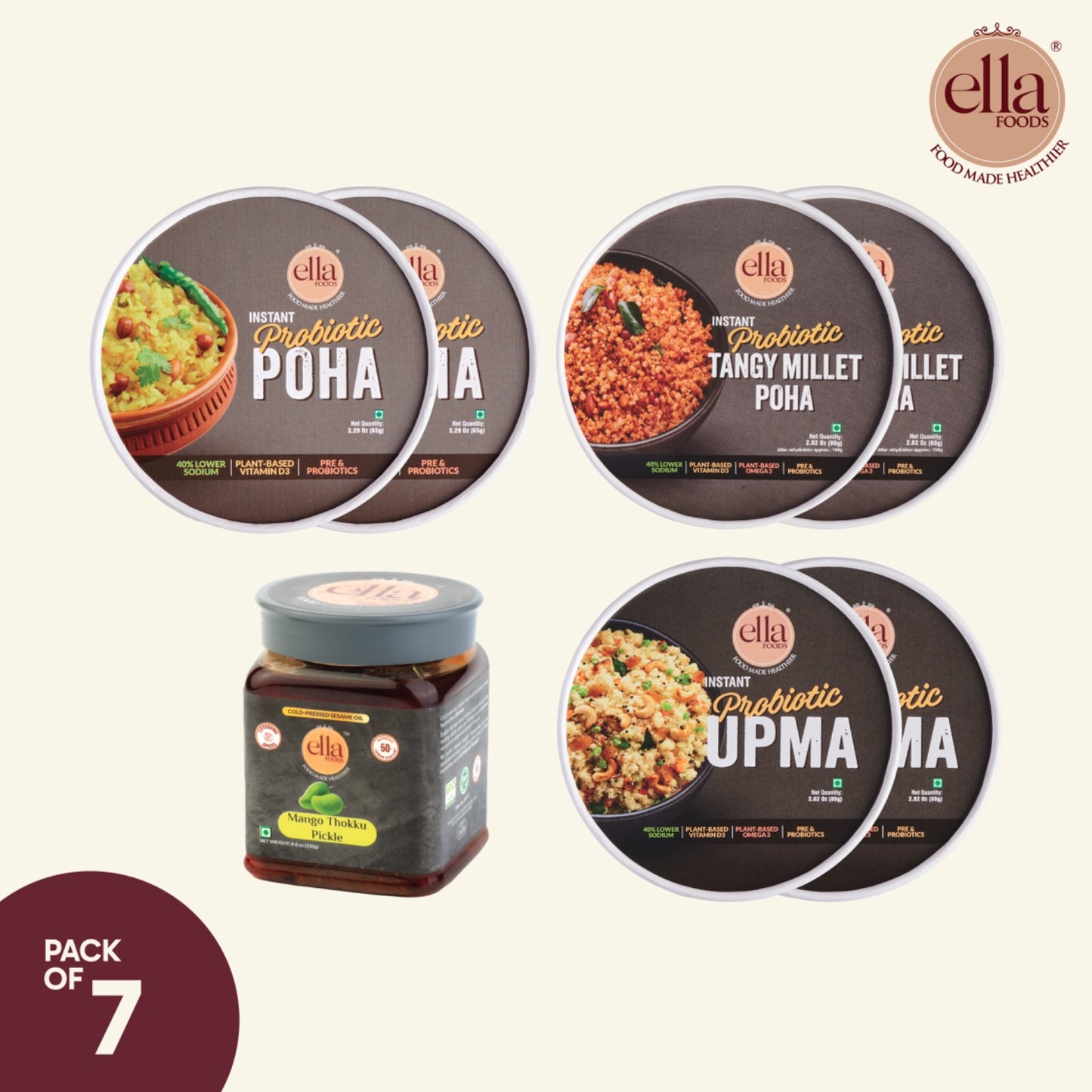 Ella Foods Ultimate Breakfast Combo | 6 Ready-to-Eat Probiotic Meals + Mango Thokku Pickle 250g | 7-Pack Nutritious Meal Kit |  Meals: 6 Months Shelf Life | Pickle: 12 Months