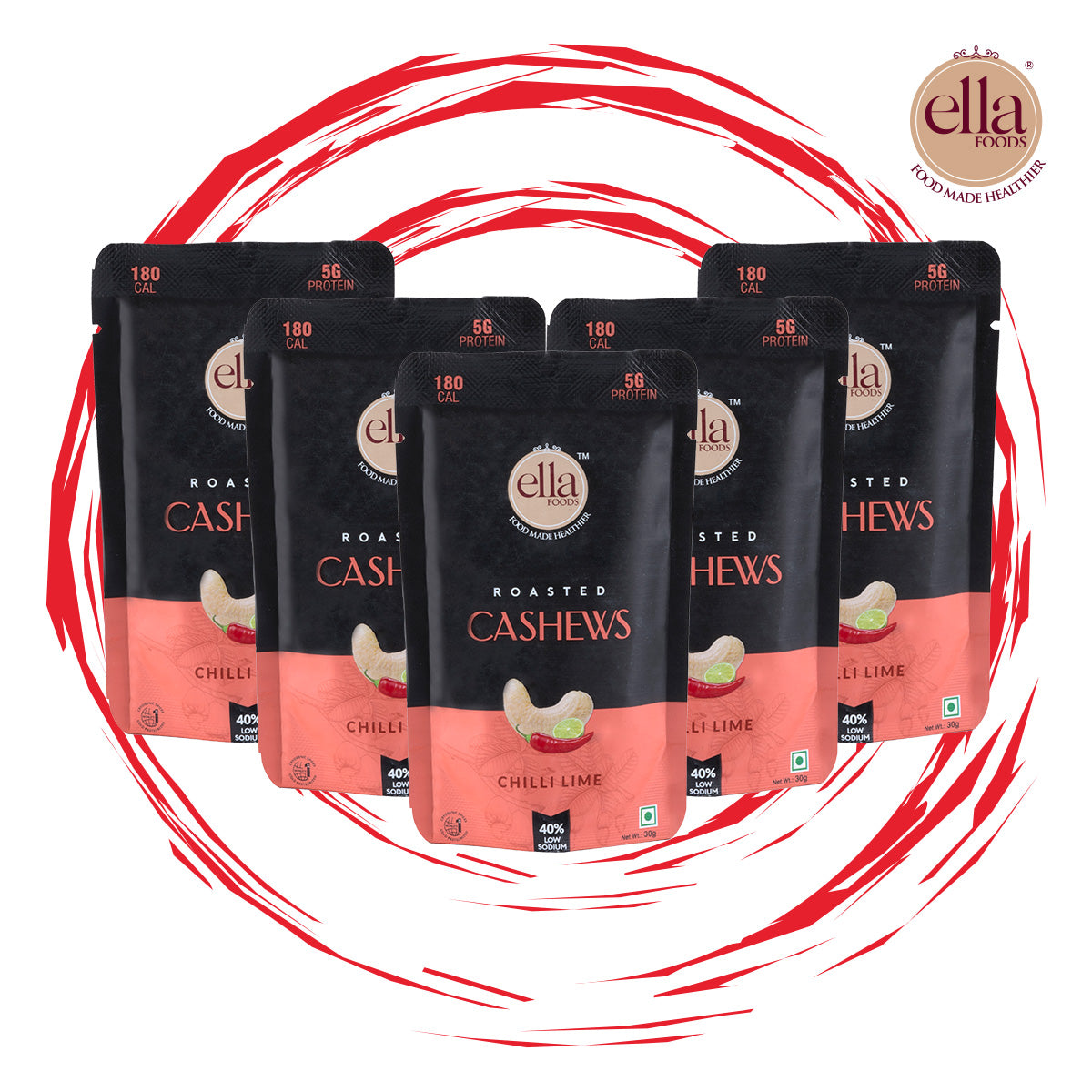 Chilli Lime Cashews | 30 grams each | Mini Pack of 5 | 40% Low Sodium Salt