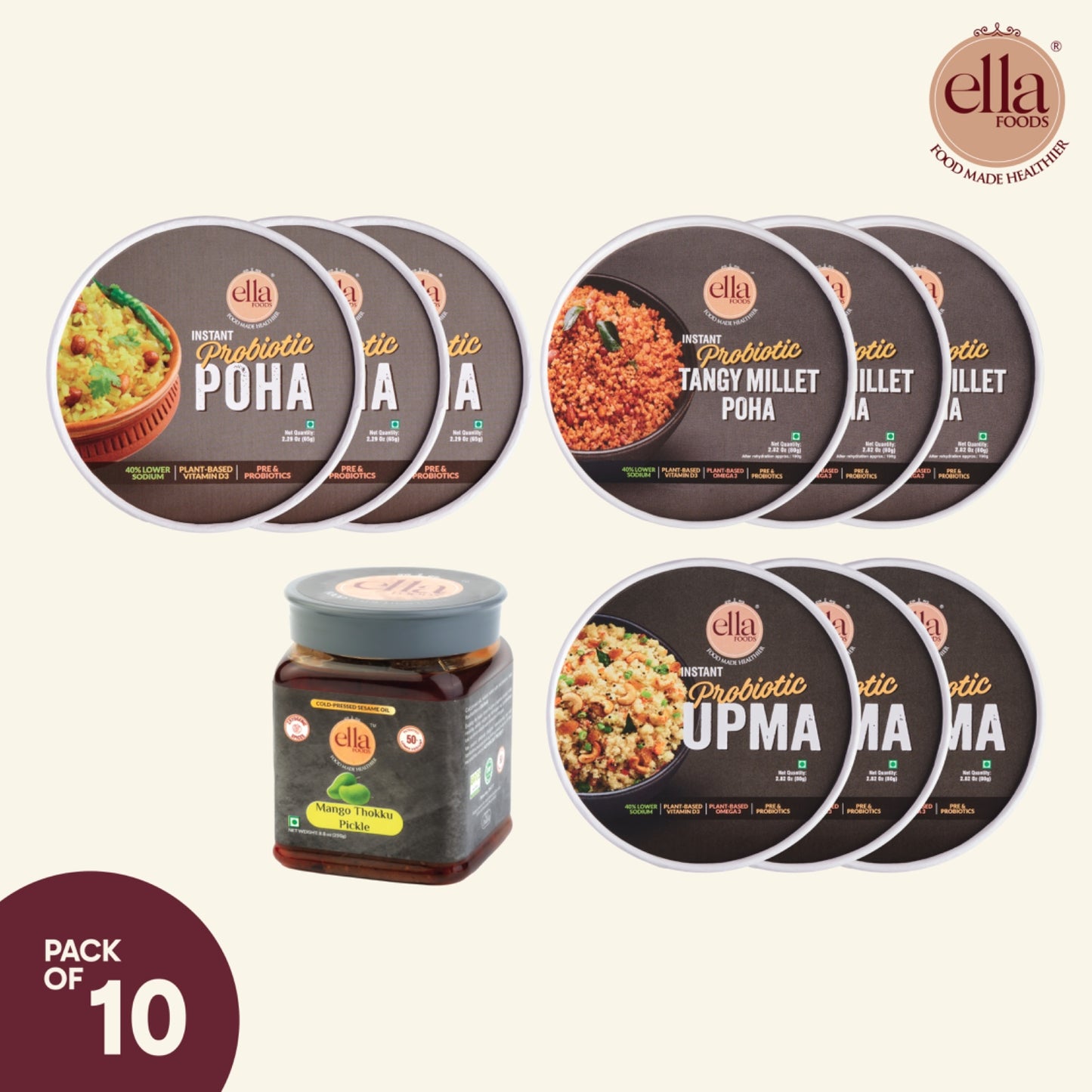 Ella Foods Grand Breakfast Combo with Mango Thokku Pickle | 10 Pack Wholesome Meal Kit
