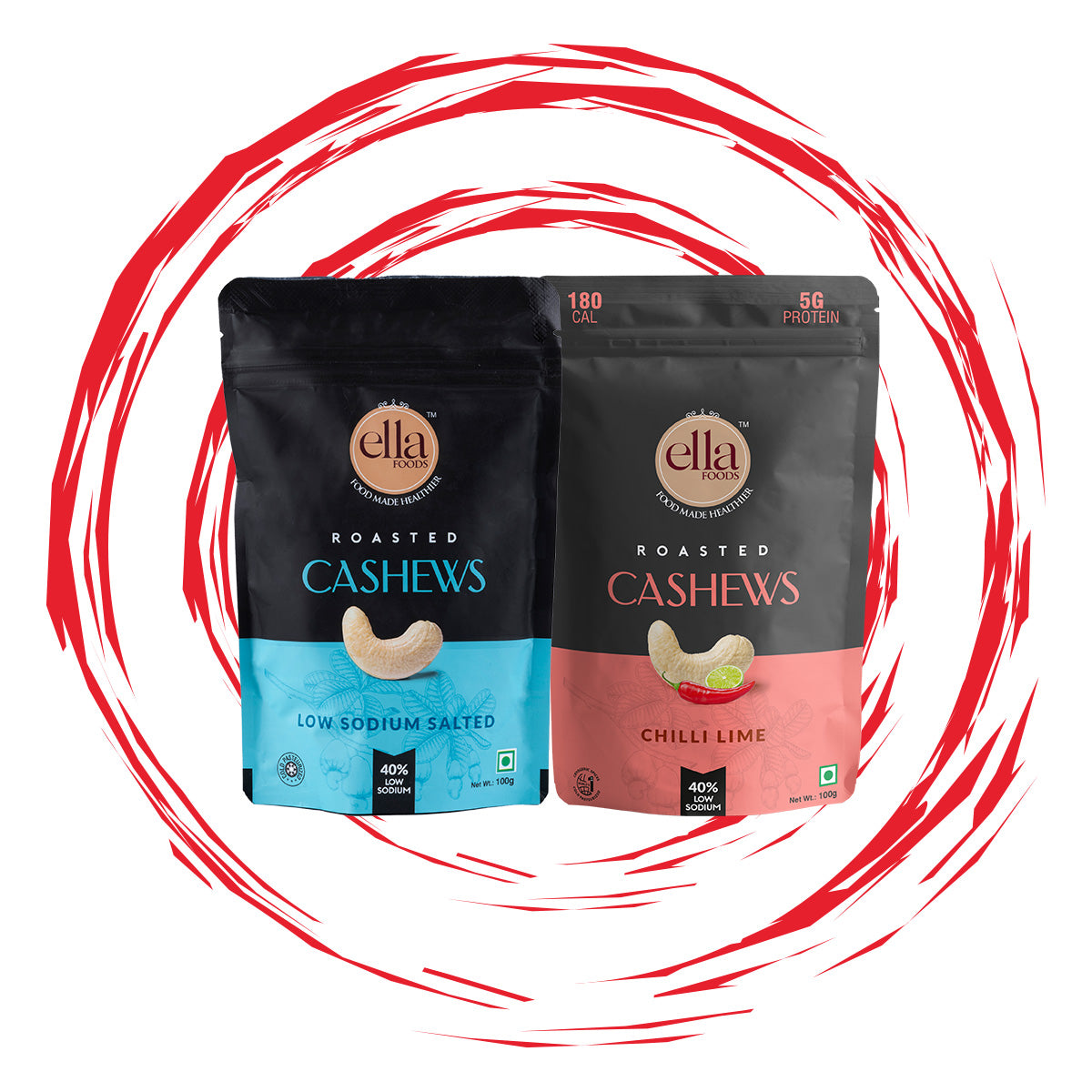 Ella Foods Salted Cashews & Chilli Lime Cashews Combo | Pack of 2 x 100g | Low Sodium | 6-Month Shelf Life | Roasted Nut Snacks