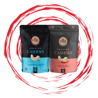 Ella Foods Salted Cashews & Chilli Lime Cashews Combo | Pack of 2 x 100g | Low Sodium | 6-Month Shelf Life | Roasted Nut Snacks