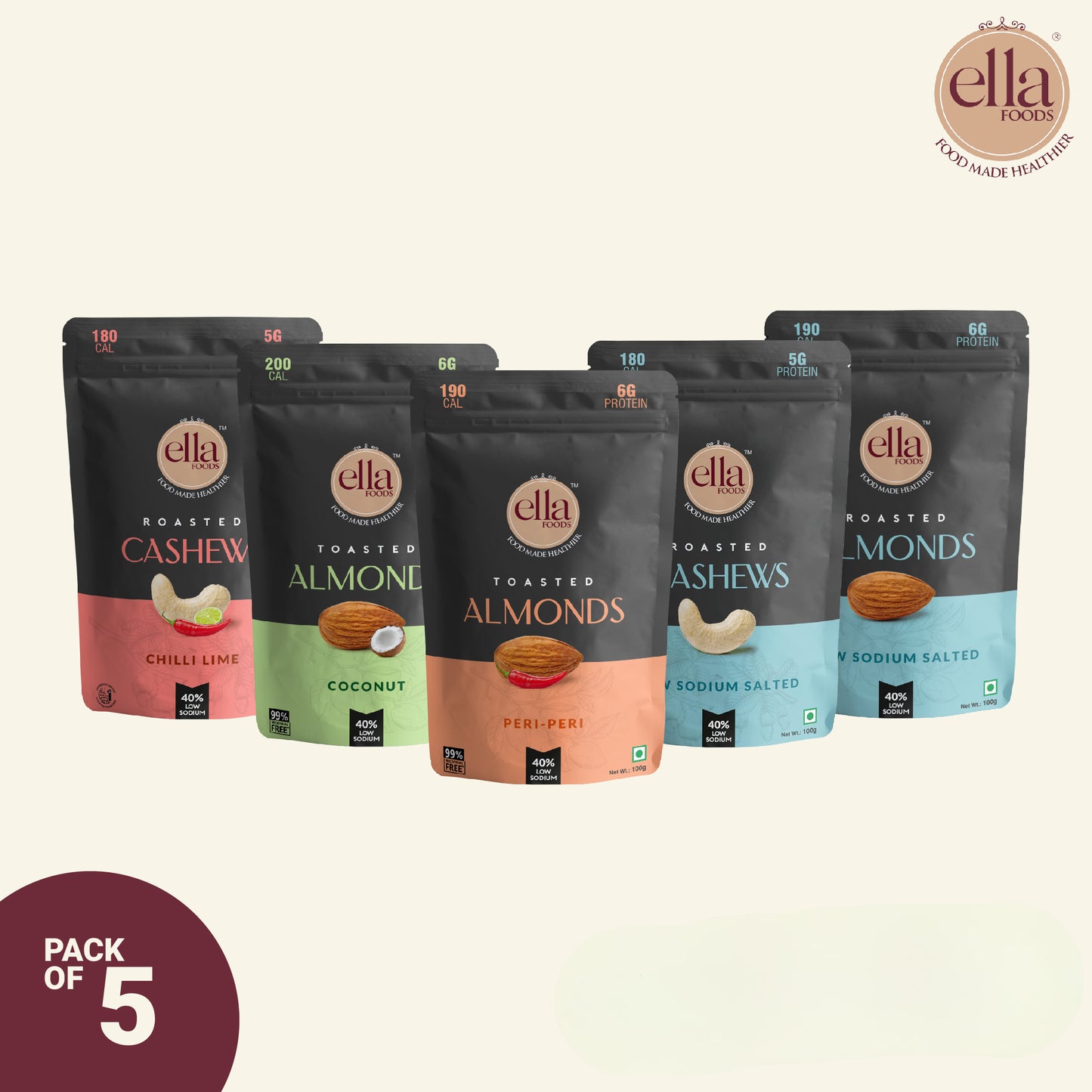Healthy Nuts Combo - Salted Almond, Salted Cashews, Chilli Lime Cashews, Peri-Peri Almonds & Coconut Toasted Almonds |100g each | Pack of 5