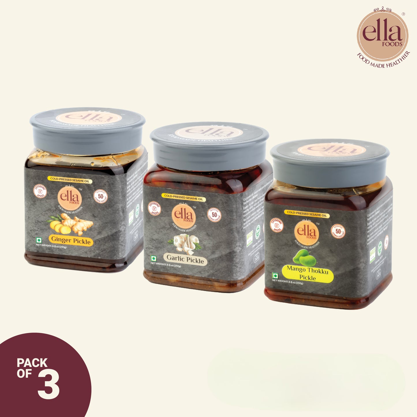 Low Sodium Pickle Trio Pack | Pack of 3 | 250g each | Ginger, Garlic & Mango Thokku