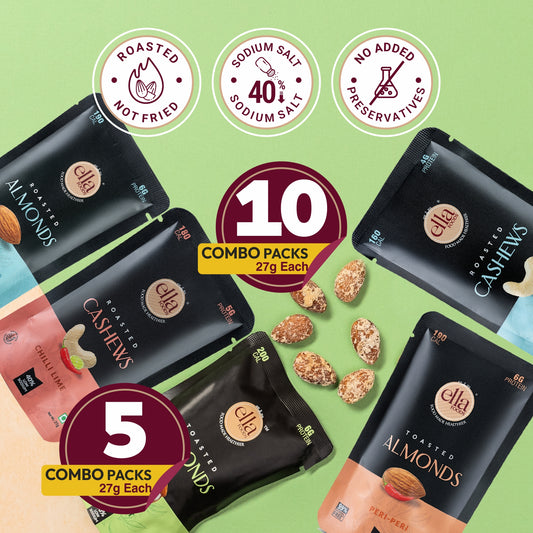 Ella Foods Assorted Mini Nuts Pack (10 x 27g) | Roasted Almonds & Cashews | 40% Low Sodium | Healthy On-the-Go Snack | Travel-Friendly | 6-Month Shelf Life