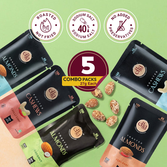 Ella Foods Assorted Mini Nuts Pack (5 x 27g) | Roasted Almonds & Cashews | 40% Low Sodium | Healthy Travel Snack | Portion Packs | 6-Month Shelf Life