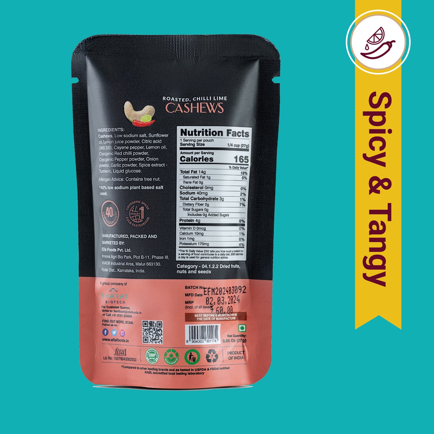Ella Foods Assorted Mini Nuts Pack (5 x 27g) | Roasted Almonds & Cashews | 40% Low Sodium | Healthy Travel Snack | Portion Packs | 6-Month Shelf Life