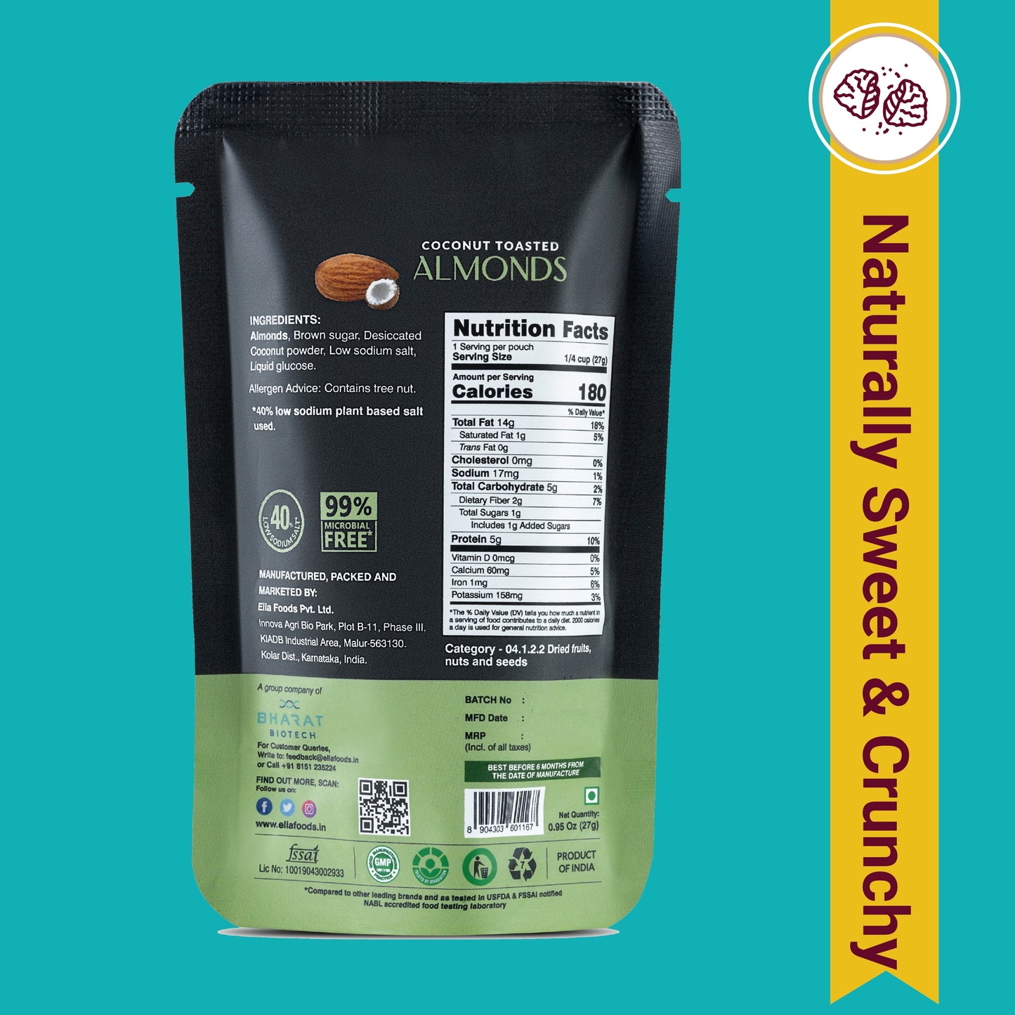 Ella Foods Assorted Mini Nuts Pack (5 x 27g) | Roasted Almonds & Cashews | 40% Low Sodium | Healthy Travel Snack | Portion Packs | 6-Month Shelf Life