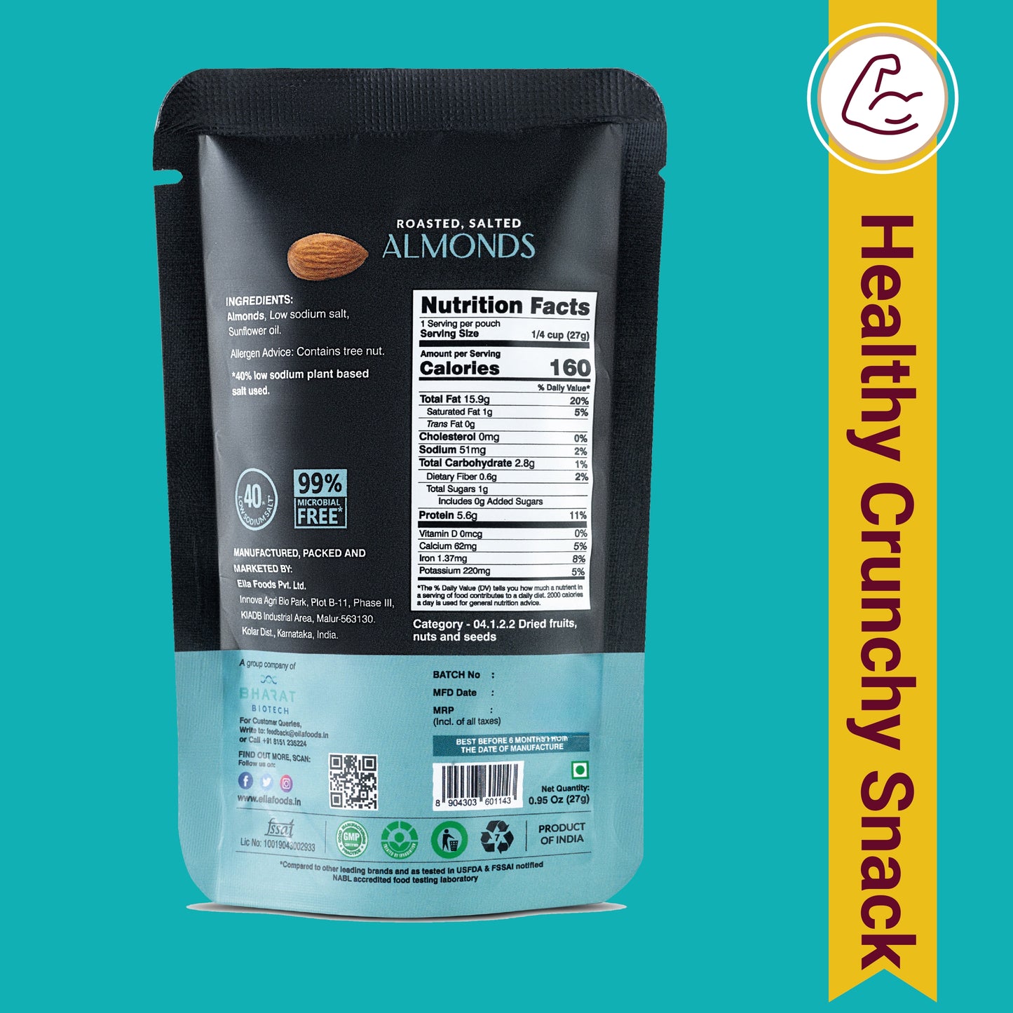 Ella Foods Assorted Mini Nuts Pack (5 x 27g) | Roasted Almonds & Cashews | 40% Low Sodium | Healthy Travel Snack | Portion Packs | 6-Month Shelf Life