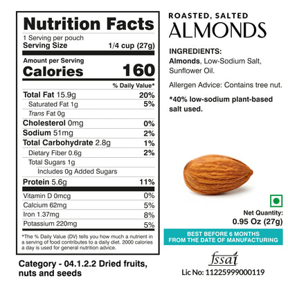 Ella Foods Assorted Mini Nuts Pack (5 x 27g) | Roasted Almonds & Cashews | 40% Low Sodium | Healthy Travel Snack | Portion Packs | 6-Month Shelf Life