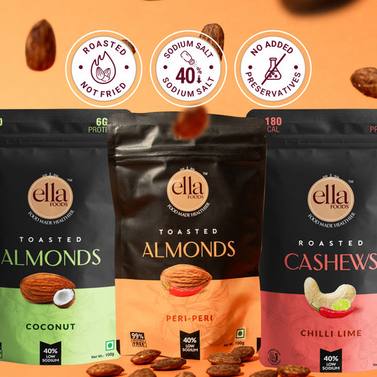 Ella Foods Assorted Nut Pack (Pack of 3 x 100g) | Peri Peri Almonds, Coconut Toasted Almonds & Chilli Lime Cashews | 40% Low Sodium | Roasted & Flavoured Nuts | 6-Month Shelf Life