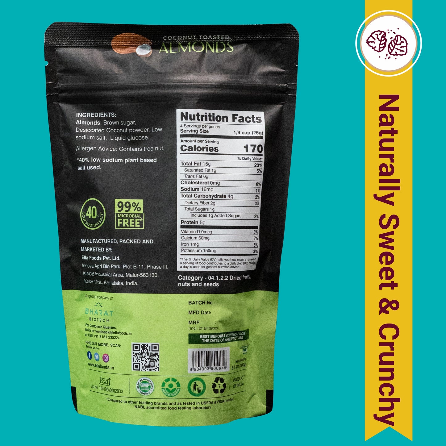 Assorted Nuts Combo by Ella Foods (4 x 100g) | Peri Peri Almonds, Salted Cashews, Coconut Toasted Almonds & Chilli Lime Cashews | 40% Low Sodium | Roasted & Seasoned | 6-Month Shelf Life