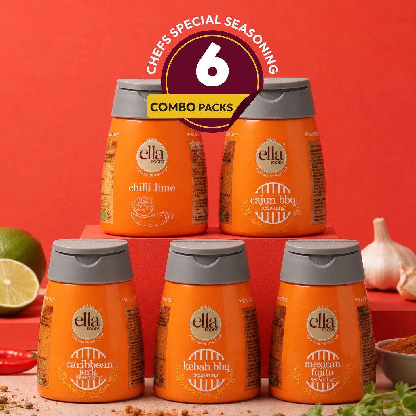 Ella Foods Chef's Special Seasoning Combo Pack | 6 Flavours x 100g Each | Chilli Lime, Cajun BBQ, Kebab BBQ, Caribbean Jerk, Sweet & Spicy BBQ & Mexican Fajita | All-Purpose International Seasoning Collection | No MSG