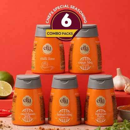 Ella Foods Chef's Special Seasoning Combo Pack | 6 Flavours x 100g Each | Chilli Lime, Cajun BBQ, Kebab BBQ, Caribbean Jerk, Sweet & Spicy BBQ & Mexican Fajita | All-Purpose International Seasoning Collection | No MSG