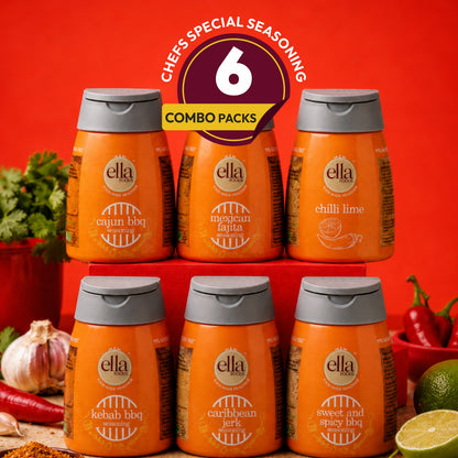 Ella Foods Chef's Special Seasoning Combo Pack | 6 Flavours x 100g Each | Chilli Lime, Cajun BBQ, Kebab BBQ, Caribbean Jerk, Sweet & Spicy BBQ & Mexican Fajita | All-Purpose International Seasoning Collection | No MSG