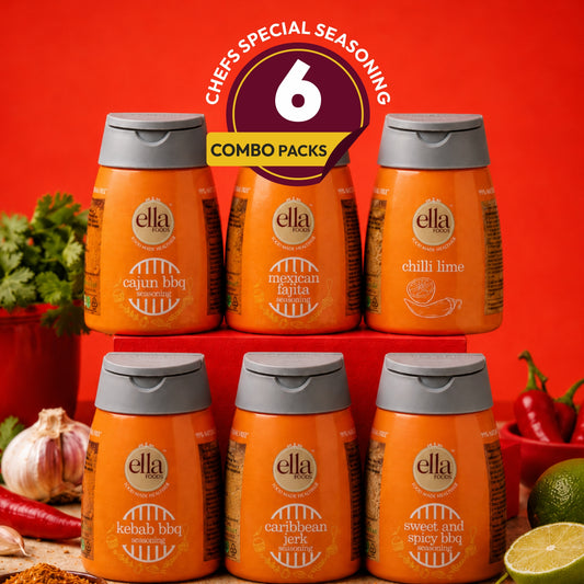 Ella Foods Chef's Special Seasoning Combo Pack | 6 Flavours x 100g Each | Chilli Lime, Cajun BBQ, Kebab BBQ, Caribbean Jerk, Sweet & Spicy BBQ & Mexican Fajita | All-Purpose International Seasoning Collection | No MSG