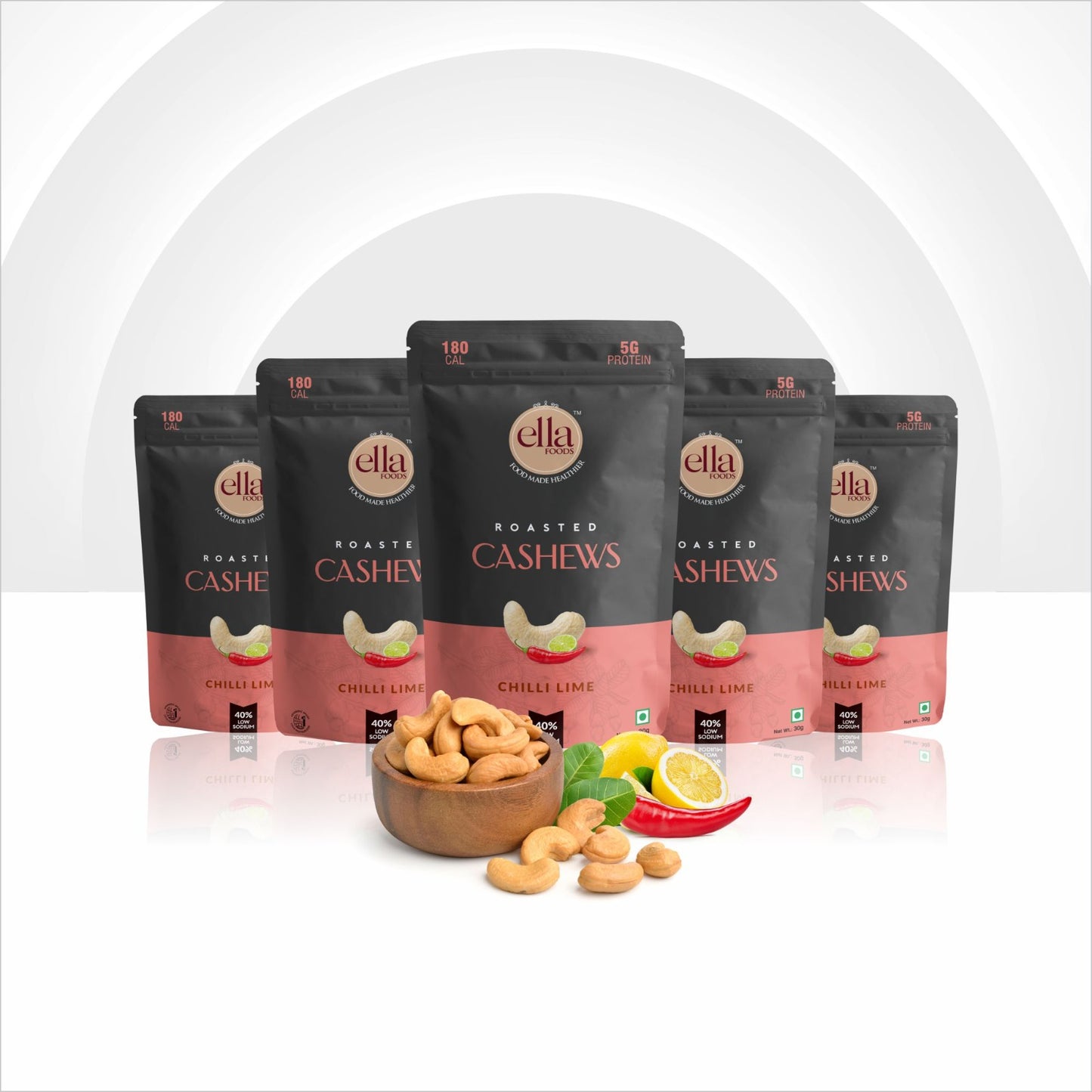 Ella Foods Chilli Lime Cashew | Mini Pack of 5 |30 gm each| Low Sodium | Heart Healthy