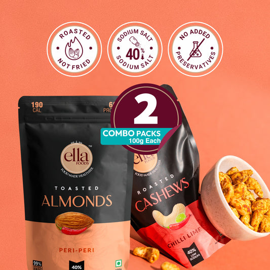 Ella Foods Chilli Lime Cashews & Peri Peri Almonds Combo | Pack of 2 x 100g | 40% Low Sodium Salt | Roasted Nut Snacks | Tangy & Spicy Flavours | 6-Month Shelf Life