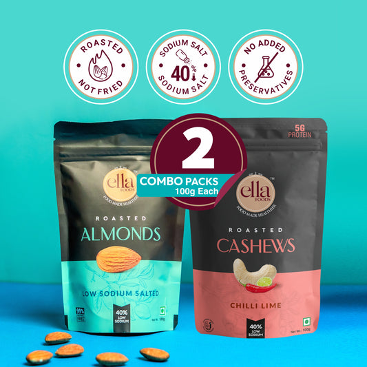 Ella Foods Chilli Lime Cashews & Salted Almonds Combo | Pack of 2 x 100g | 40% Low Sodium Salt | Roasted Nut Snacks | Tangy & Classic Flavours | 6-Month Shelf Life | No Preservatives
