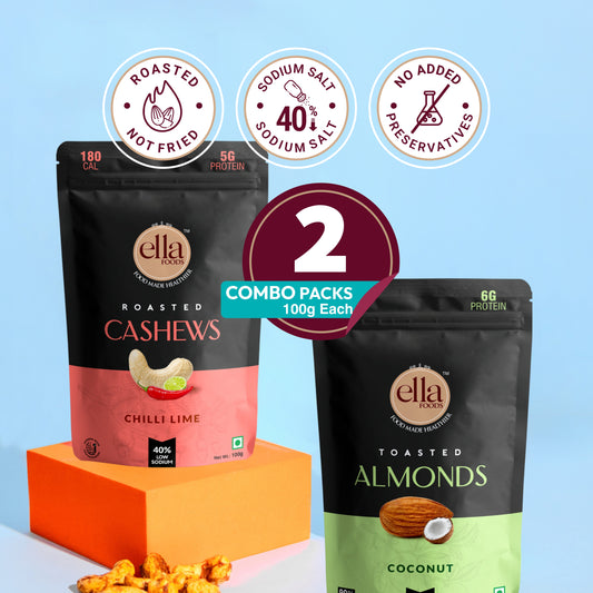 Ella Foods Coconut Toasted Almonds & Chilli Lime Cashews Combo | Pack of 2 x 100g | 40% Low Sodium Salt | Roasted Nut Snacks | Sweet Coconut & Tangy Spicy Flavours | 6-Month Shelf Life