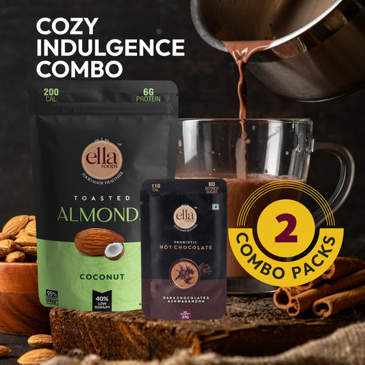 Ella Foods Cozy Indulgence Combo | Coconut Toasted Almonds (100g) & Hot Chocolate (27g x 2) | 40% Low Sodium Roasted Almonds | Healthy Snack & Beverage Gift Pack