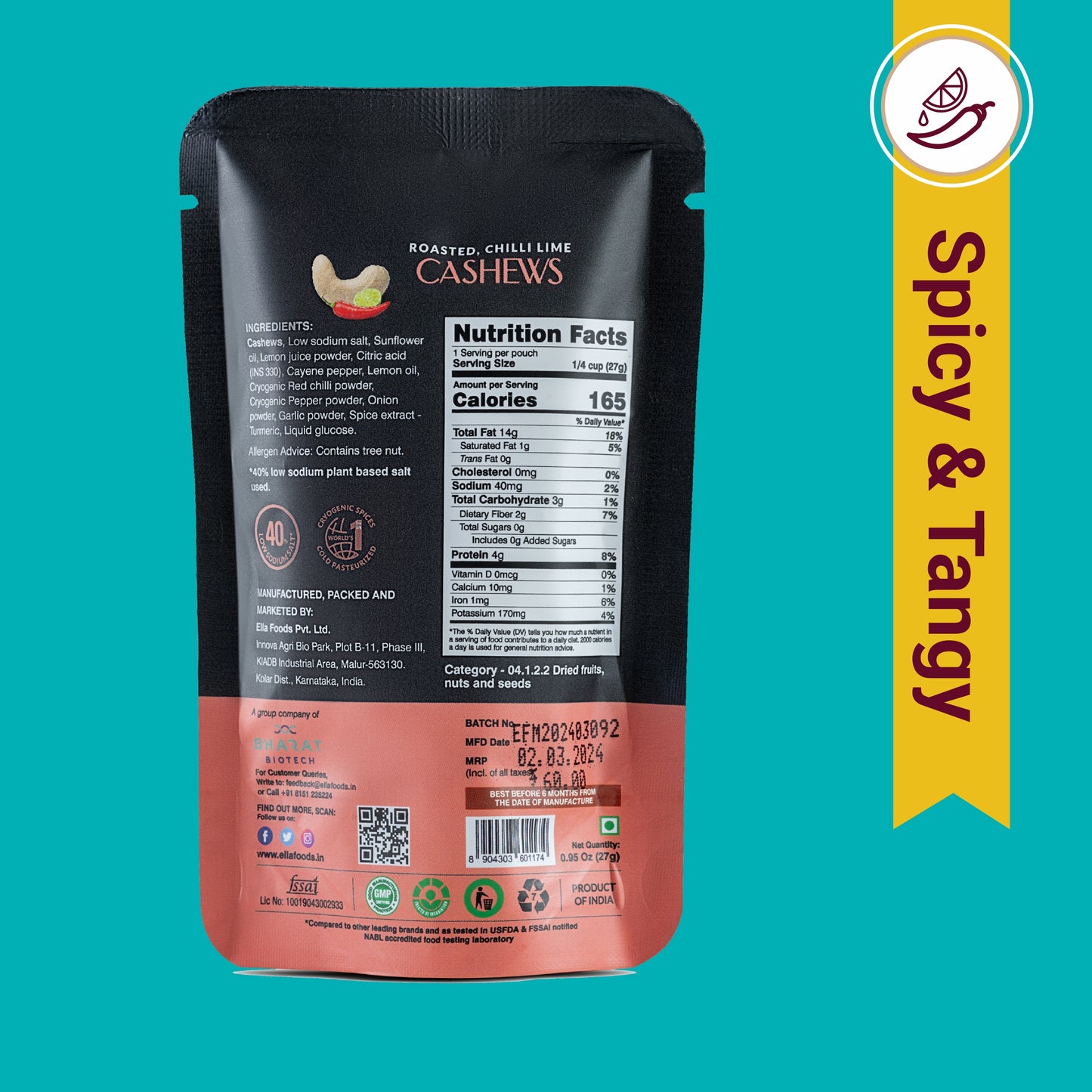 Ella Foods Chilli Lime Cashews Mini Pack (5 x 27g) | Tangy & Spicy Roasted Cashew Snack | 40% Low Sodium | Travel-Friendly | 6-Month Shelf Life