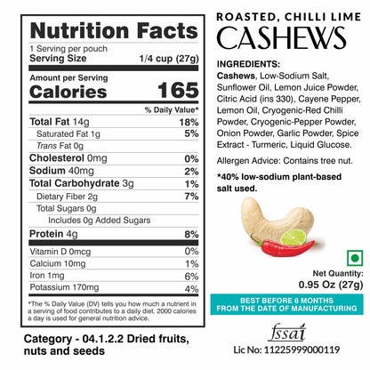 Ella Foods Chilli Lime Cashews Mini Pack (5 x 27g) | Tangy & Spicy Roasted Cashew Snack | 40% Low Sodium | Travel-Friendly | 6-Month Shelf Life