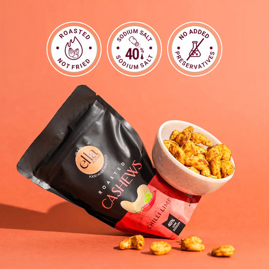 Ella Foods Chilli Lime Cashews 100g | Roasted Spicy & Tangy Cashew Snack | 40% Low Sodium | No Preservatives | 6-Month Shelf Life