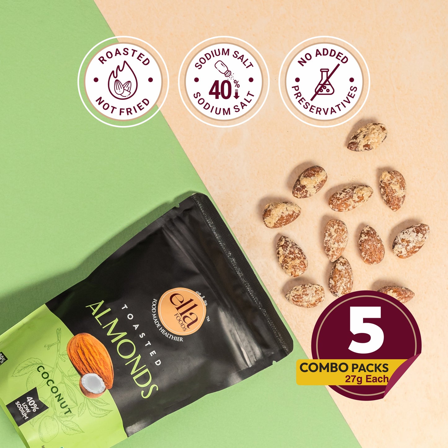 Ella Foods Coconut Toasted Almonds Mini Pack (5 x 27g) | Roasted Almond Snack | 40% Low Sodium | Naturally Sweet & Crunchy | Healthy On-the-Go Snack | 6-Month Shelf Life