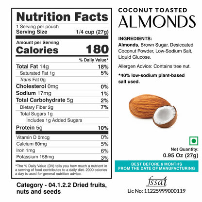 Ella Foods Coconut Toasted Almonds Mini Pack (5 x 27g) | Roasted Almond Snack | 40% Low Sodium | Naturally Sweet & Crunchy | Healthy On-the-Go Snack | 6-Month Shelf Life