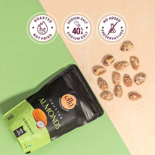 Ella Foods Coconut Toasted Almonds 100g | Roasted Almond Snack | 40% Low Sodium | Naturally Sweet & Crunchy | No Preservatives | 6-Month Shelf Life