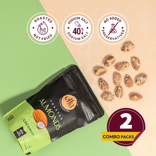 Ella Foods Coconut Toasted Almonds 100g | Roasted Almond Snack | 40% Low Sodium | Naturally Sweet & Crunchy | No Preservatives | 6-Month Shelf Life | Pack of 2