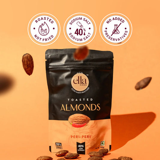 Ella Foods Peri Peri Almonds 100g | Roasted Spicy Almond Snack | 40% Low Sodium | High Protein Healthy Snack | No Preservatives | 6-Month Shelf Life