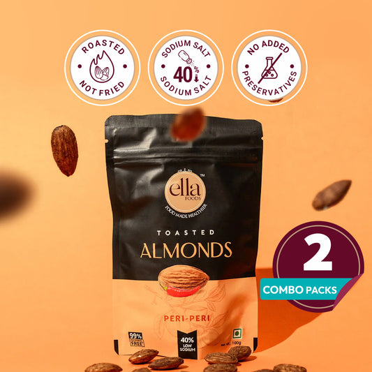 Ella Foods Peri Peri Almonds 100g | Roasted Spicy Almond Snack | 40% Low Sodium | High Protein Healthy Snack | No Preservatives | 6-Month Shelf Life | Pack of 2