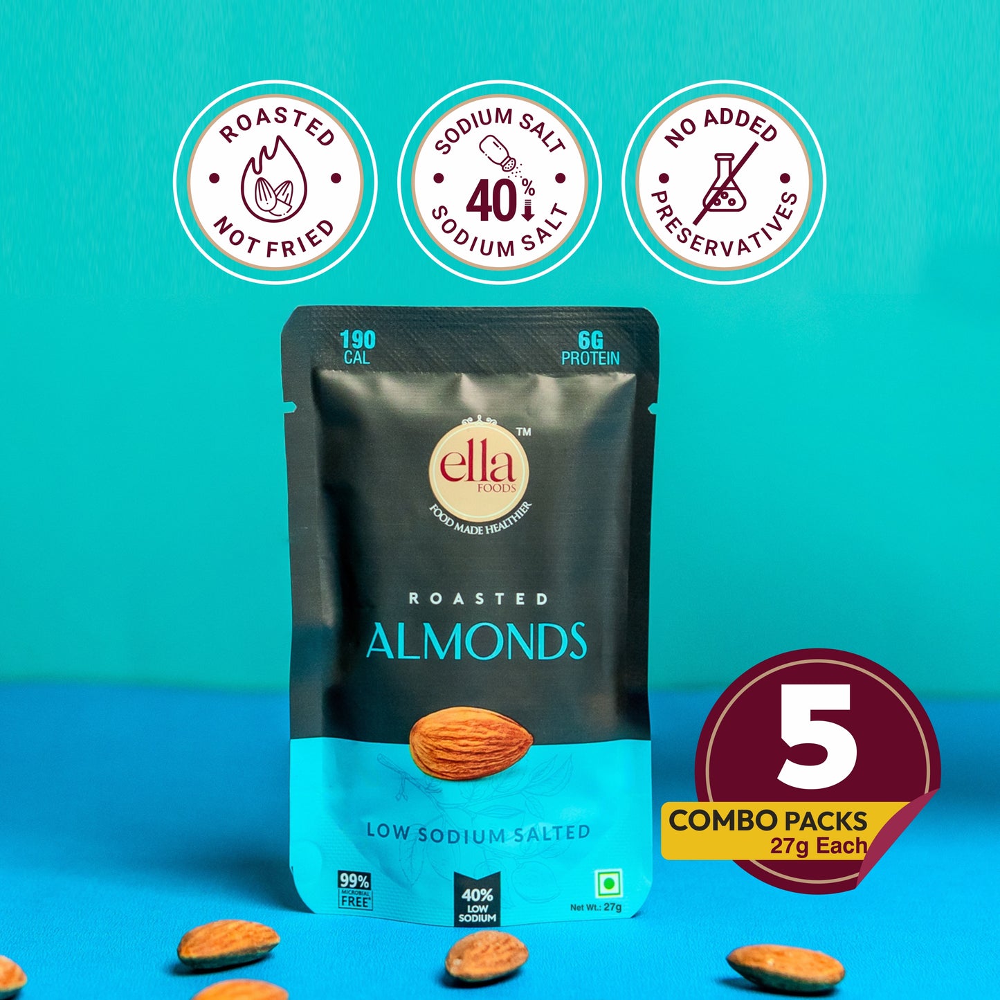 Ella Foods Salted Almonds Mini Pack (5 x 27g) | 40% Low Sodium Roasted Almond Snack | Healthy On-the-Go Snack | 6-Month Shelf Life