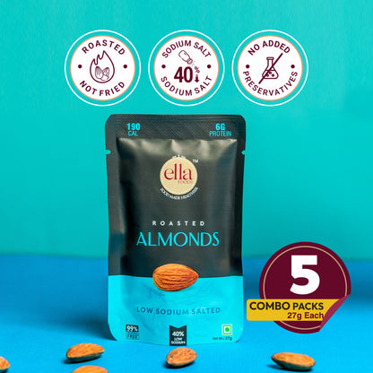 Ella Foods Salted Almonds Mini Pack (5 x 27g) | 40% Low Sodium Roasted Almond Snack | Healthy On-the-Go Snack | 6-Month Shelf Life