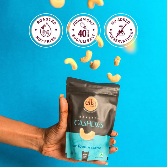 Ella Foods Salted Cashews 100g | Roasted & Lightly Salted | 40% Low Sodium Snack | No Preservatives | 6-Month Shelf Life | No Preservatives
