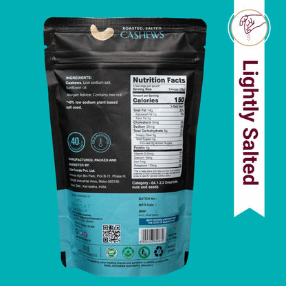 Ella Foods Salted Cashews 100g | Roasted & Lightly Salted | 40% Low Sodium Snack | No Preservatives | 6-Month Shelf Life | No Preservatives | Pack of 2No Preservatives