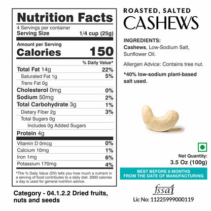 Ella Foods Salted Cashews 100g | Roasted & Lightly Salted | 40% Low Sodium Snack | No Preservatives | 6-Month Shelf Life | No Preservatives | Pack of 2No Preservatives