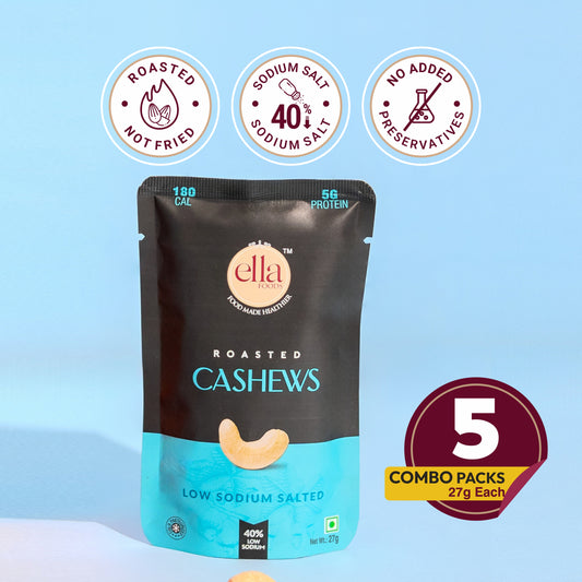 Ella Foods Salted Cashews Mini Pack (5 x 27g) | 40% Low Sodium Roasted Cashew Snack | Healthy Travel Snack | 6-Month Shelf Life