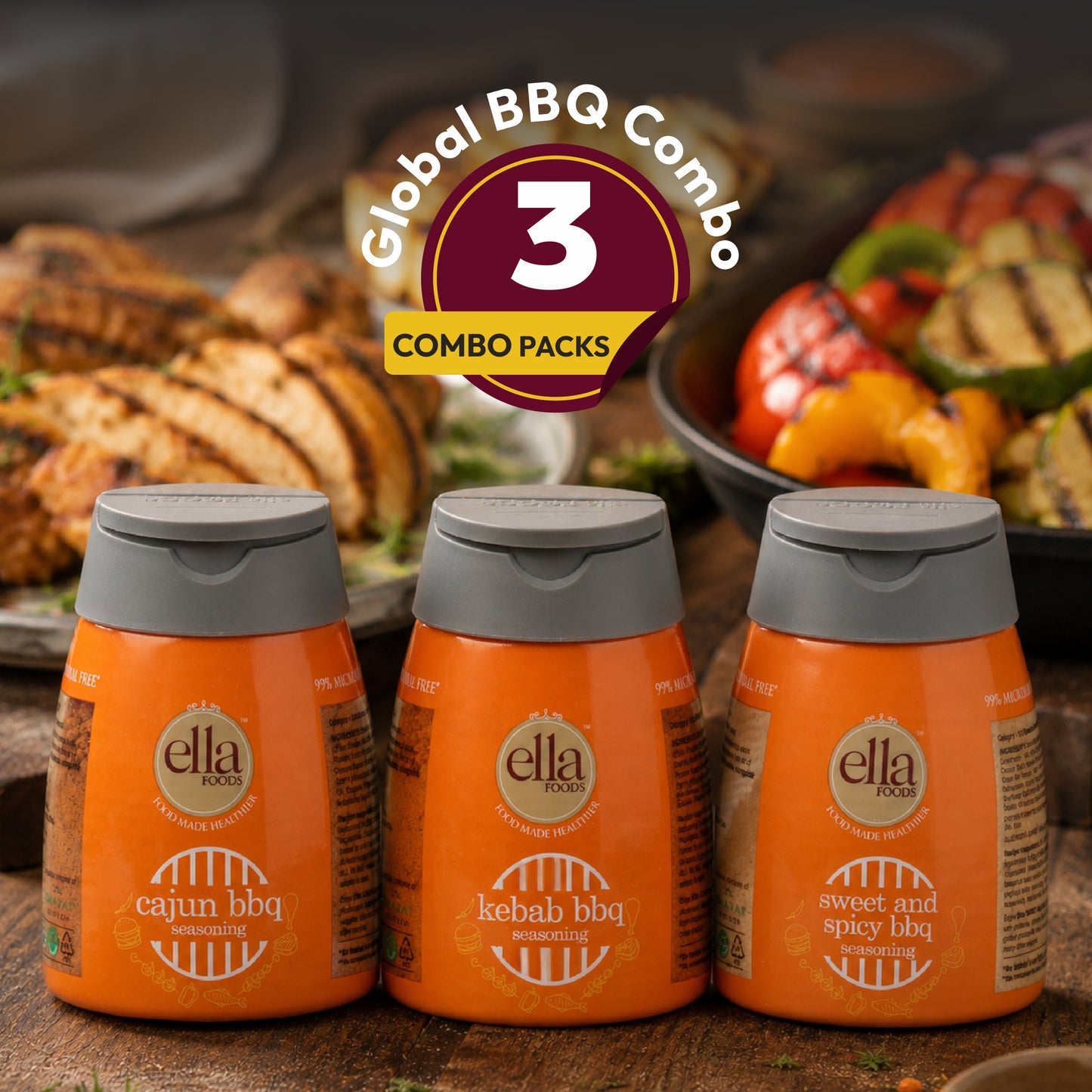 Ella Foods Global BBQ Seasoning Combo Pack | Cajun BBQ, Kebab BBQ & Sweet & Spicy BBQ | No MSG Seasonings | 3 Flavours x 100g Each | All-Purpose BBQ Collection