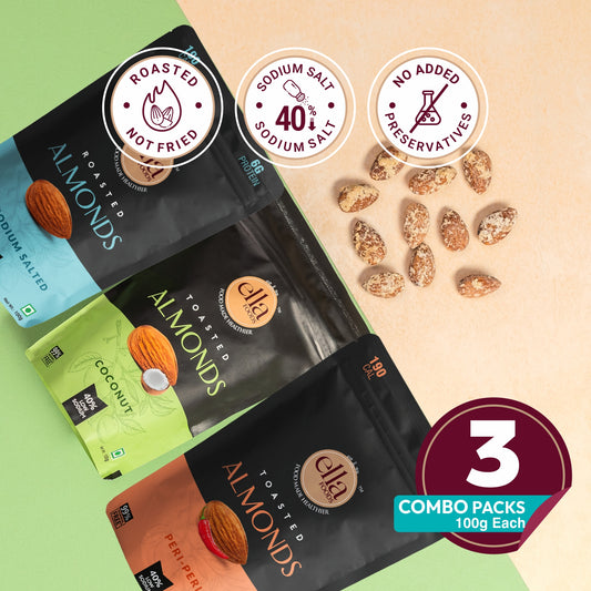 Ella Foods Gourmet Almond Trio | Salted, Peri Peri & Coconut Toasted Almonds (100g Each) | Pack of 3 | 40% Low Sodium | Healthy Roasted Almond Snack Gift Pack