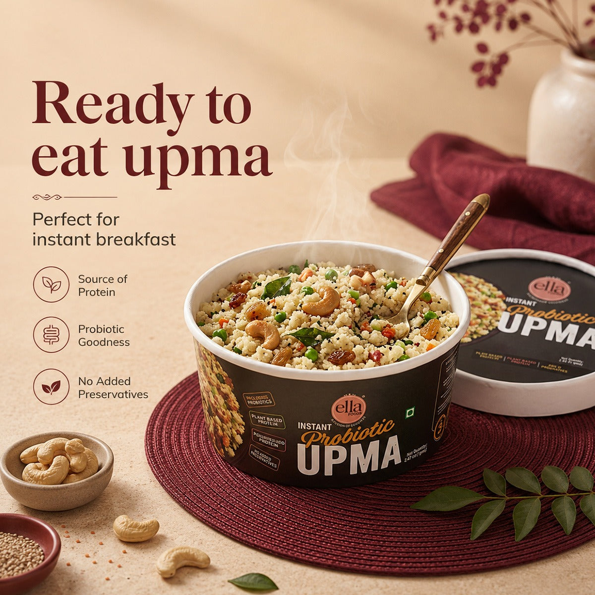 Ella Foods Probiotic Instant Upma | Ready to Eat | Added Pre & Probiotics | 80g
