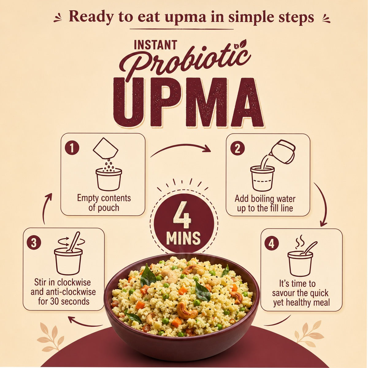 Ella Foods Probiotic Instant Upma | Ready to Eat | Added Pre & Probiotics | 80g