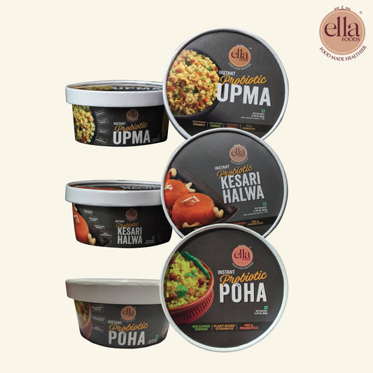 Ready to Eat Instant Probiotic Upma | Kesari Halwa | Instant Poha | Combo Pack of 3 |  65g each | With added Probiotics