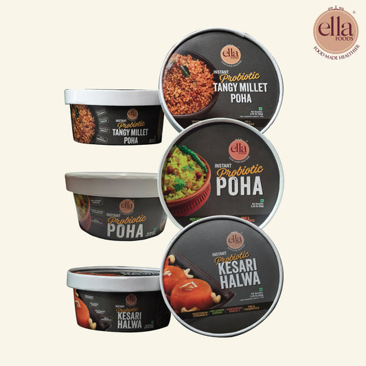 Ready to Eat Tangy Millet Poha 80g | Instant Poha 65g | Halwa 65g  | Combo Pack of 3 | With added Probiotics