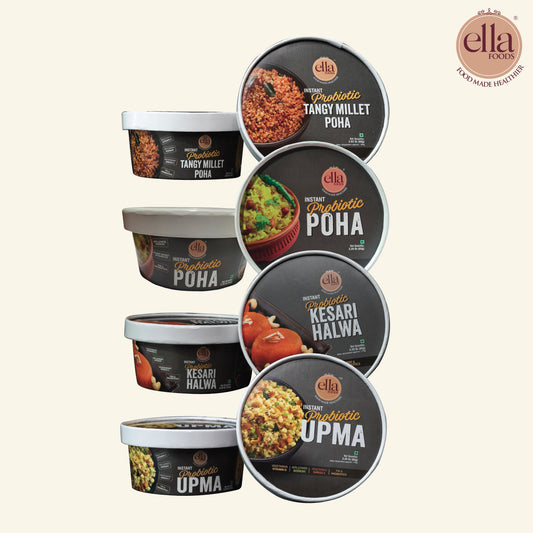 Ready to Eat Tangy Millet Poha 80g | Instant Poha 65g | Halwa 65g | Instant Upma 65g | Combo Pack of 4 | with added Probiotics